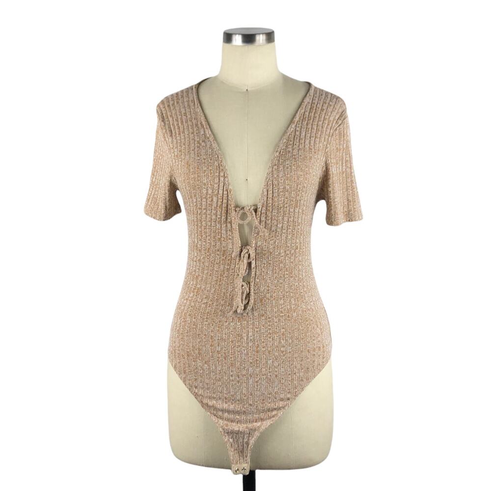 PRIVACY PLEASE Bodysuit Ribbed Tan Short Sleeve Top‎ Lace Up M Xenia